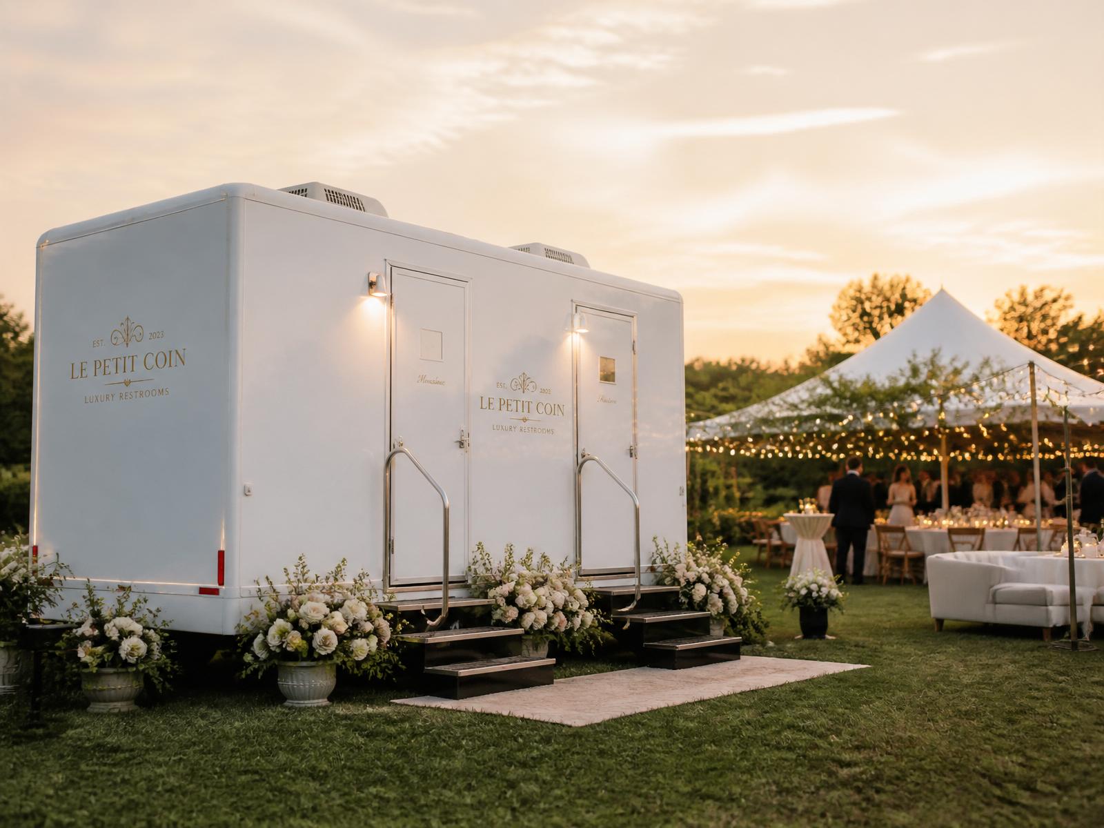 Luxury Pretty Potties restroom trailer at a wedding at golden hour
